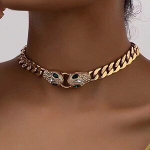 Gold Snake Head Choker Necklace — Emerald Crystal Detail